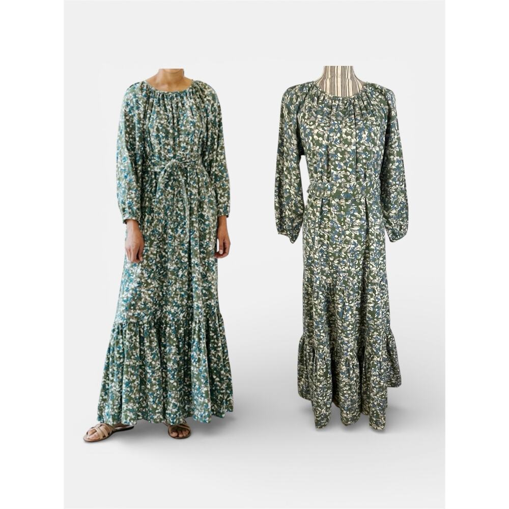 Mirth Green Blue Ostuni Sweet Pea Maxi Belted Tiered Raglan Sleeve Dress Small
